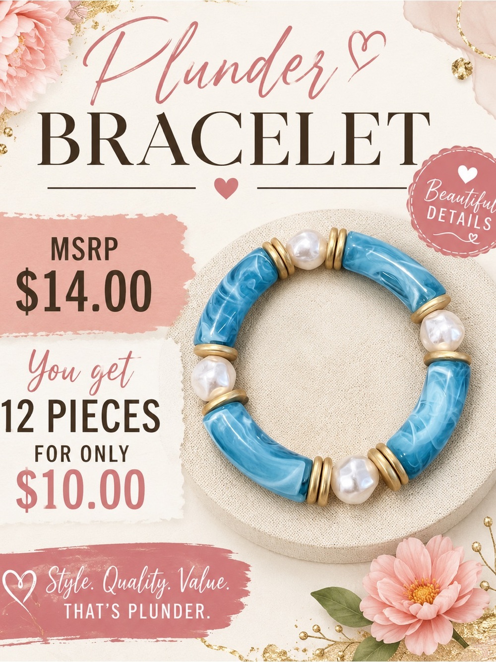 Plunder Turquoise Marble Beaded Bracelet with Gold and Pearl Accents